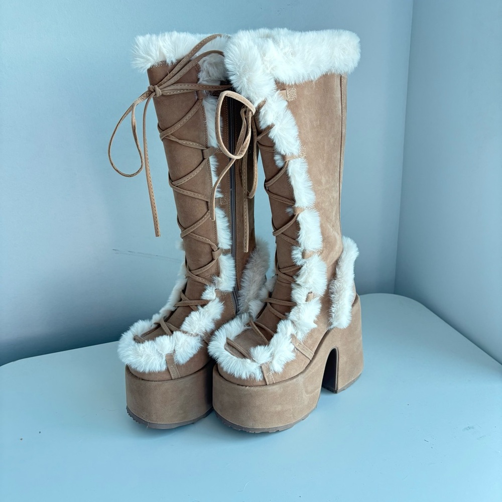 Tan Faux Fur Lace-Up Platform Boots